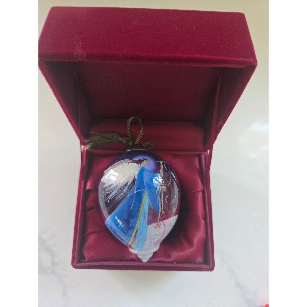 Ne'Qwa Art Angel Glass Ornament Sarah Summers 682 Hand Painted Boxed Blue Gold